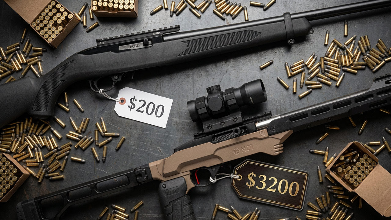 Two rifles with price tags and scattered ammunition on a dark surface.